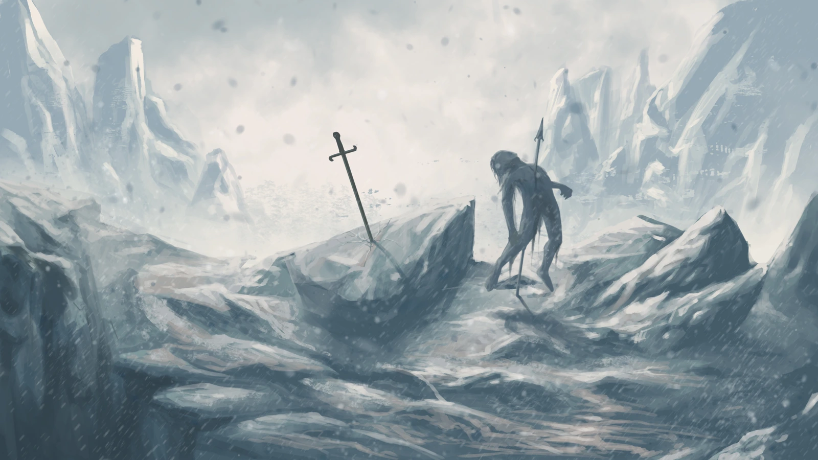 A sword and a solitary, unfamiliar figure in an icy landscape.